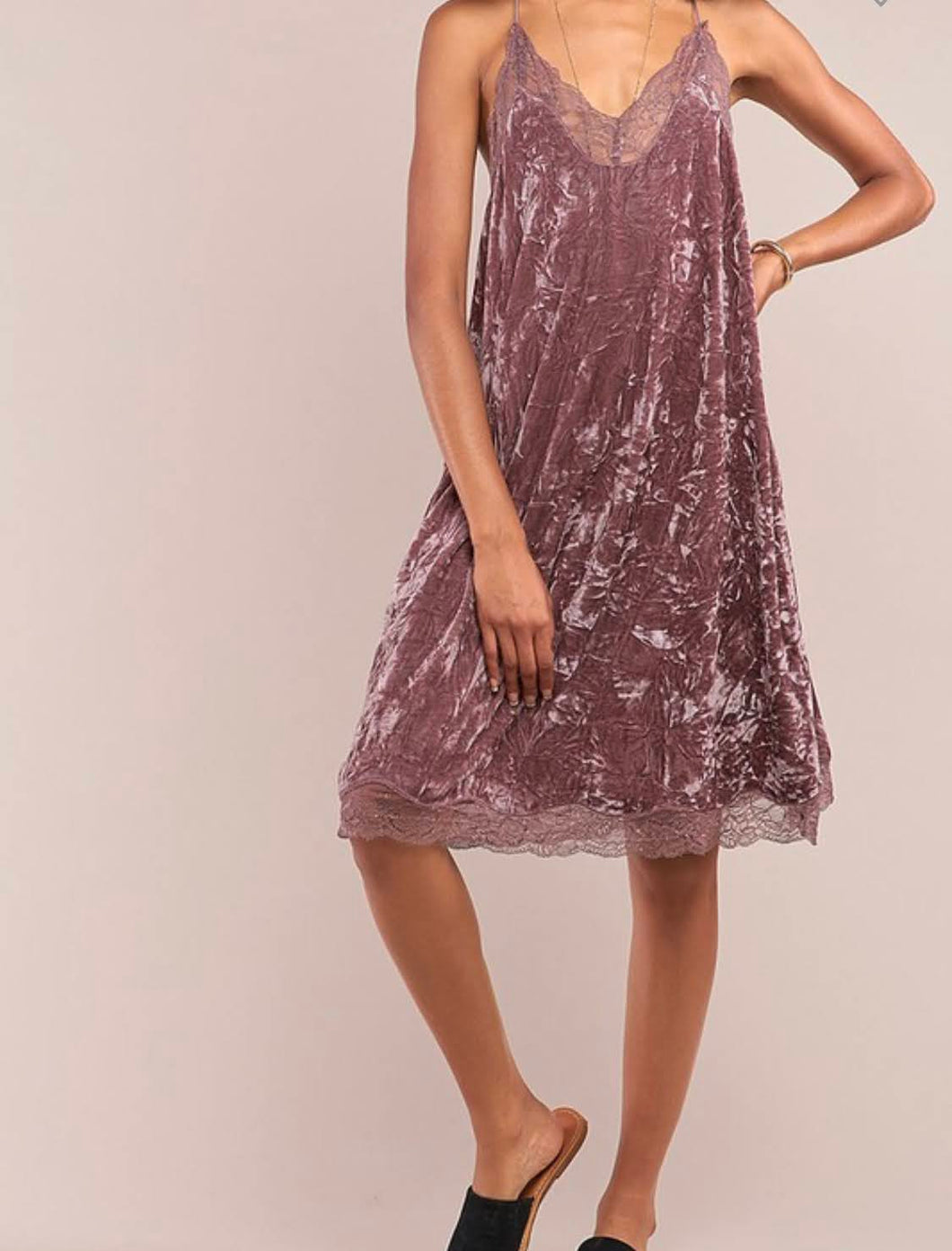 Dusty Lavender Lace Trimmed Crushed Velvet Slip Dress- LAST ONE! – Pink House Boutique
