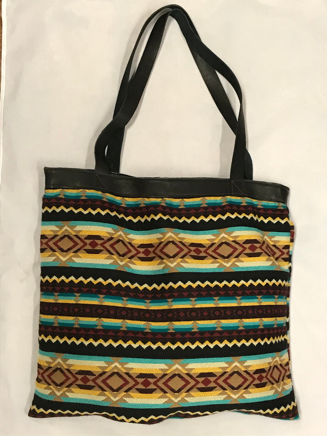 Cream, Brown, and Teal Striped Woven XL Tote Bag