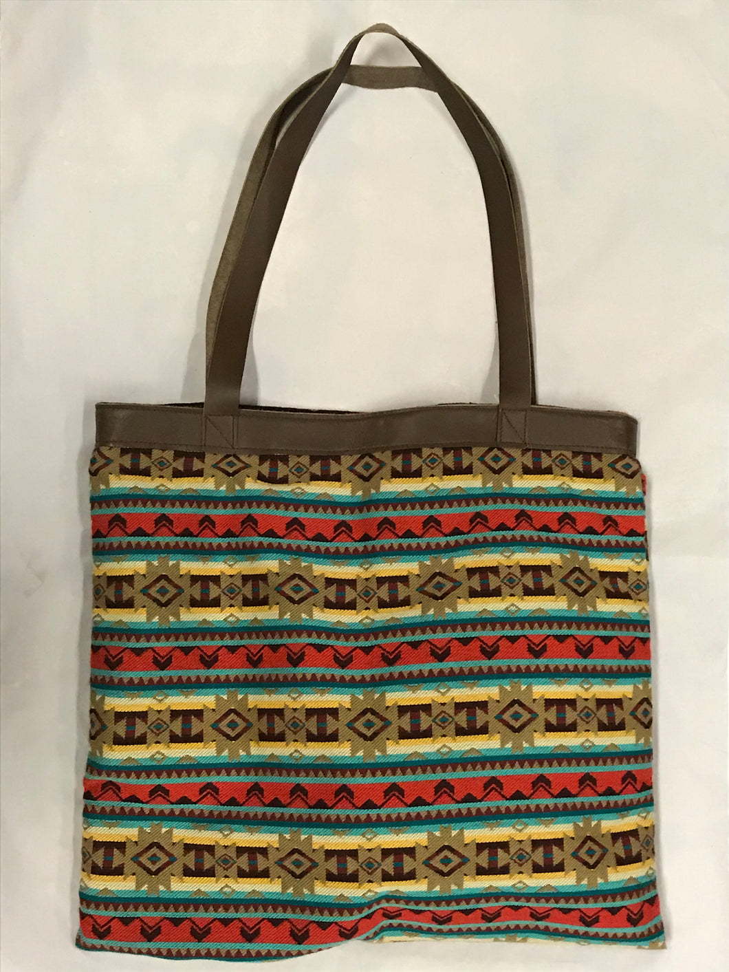 Cream, Teal, and Red Striped Woven XL Tote Bag