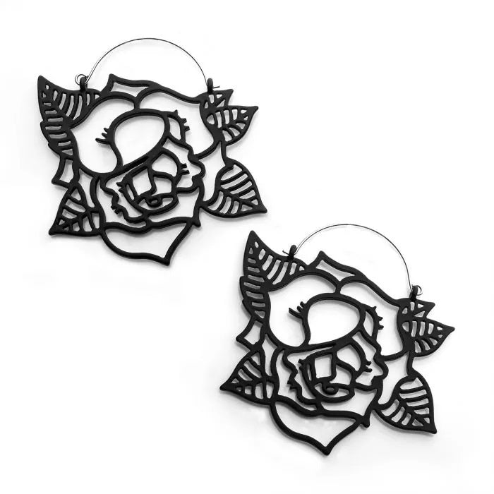 Stainless Steel with Matte Black Finish Cut Out Tattoo Rose Plug Hoops