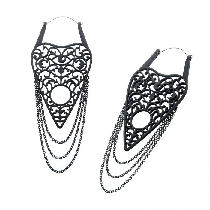 Stainless Steel with Matte Black Finish Cut Out Planchette & Dangling Chains Plug Hoops