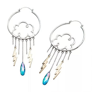 Stainless Steel with Silver Plated Clouds and Gold Plated Dangling Lightning Bolt Plug Hoops