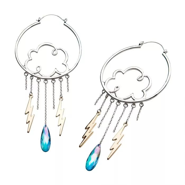 Stainless Steel with Silver Plated Clouds and Gold Plated Dangling Lightning Bolt Plug Hoops