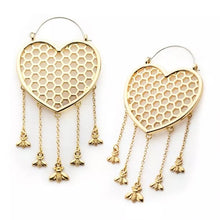 Load image into Gallery viewer, Heart Honeycomb with Dangling Bees Plug Hoops

