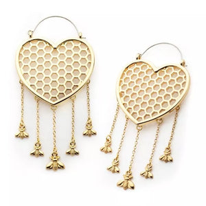 Heart Honeycomb with Dangling Bees Plug Hoops