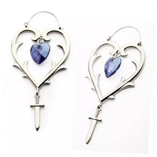 Load image into Gallery viewer, Purple Heart Crystal and Dagger Dangles Barbed Heart Plug Hoops
