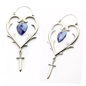 Purple Heart Crystal and Dagger Dangles Barbed Heart Plug Hoops