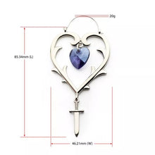 Load image into Gallery viewer, Purple Heart Crystal and Dagger Dangles Barbed Heart Plug Hoops
