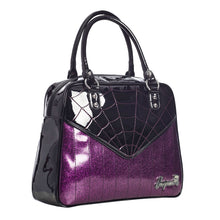 Load image into Gallery viewer, Webbed Sparkle Bowler Purse- Black and Purple
