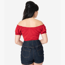 Load image into Gallery viewer, Red Bernadette Peasant Top
