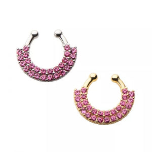 Faux Septum Jewelry with Double Row of Pink CZ.