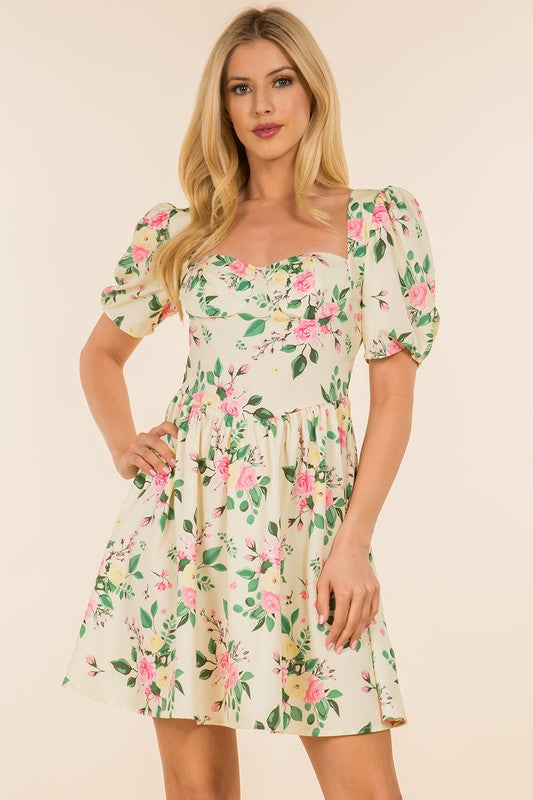 Pastel Yellow and Pink Floral Puff Sleeve Square Neck Dress