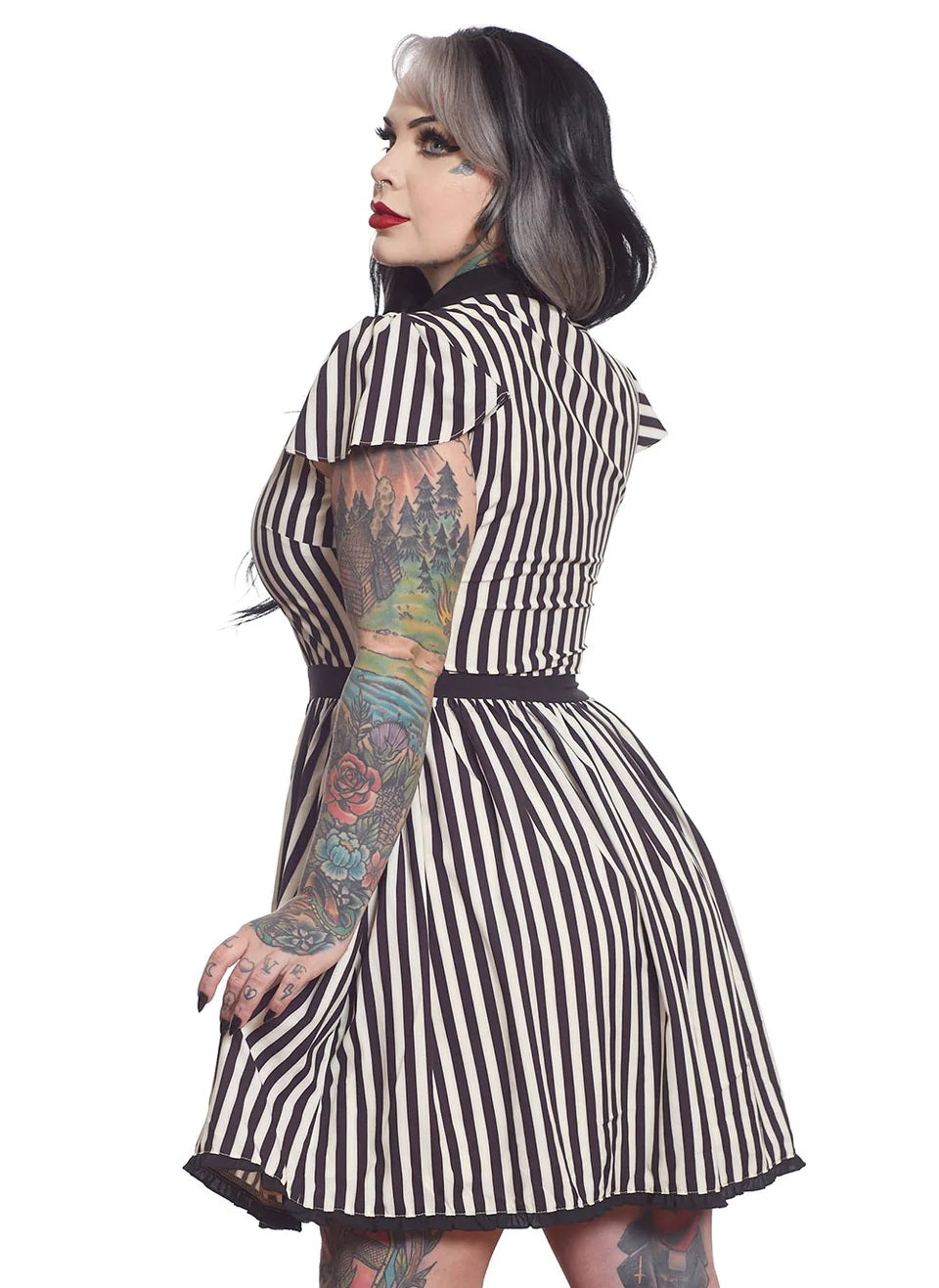 cream and black striped dress Petal and Pup Women's Henry Striped Midi Dress