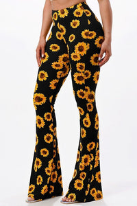 Sunflower Print Bell Bottom Leggings