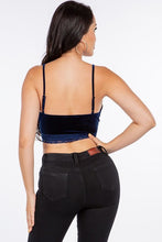 Load image into Gallery viewer, Dark Blue Velvet with Lace Detail Crop Top
