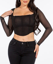 Load image into Gallery viewer, Black Mesh with Faux Boning Detail Long Sleeve Crop Top
