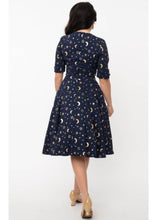 Load image into Gallery viewer, Navy and Gold Moon and Star Print Delores Swing Dress
