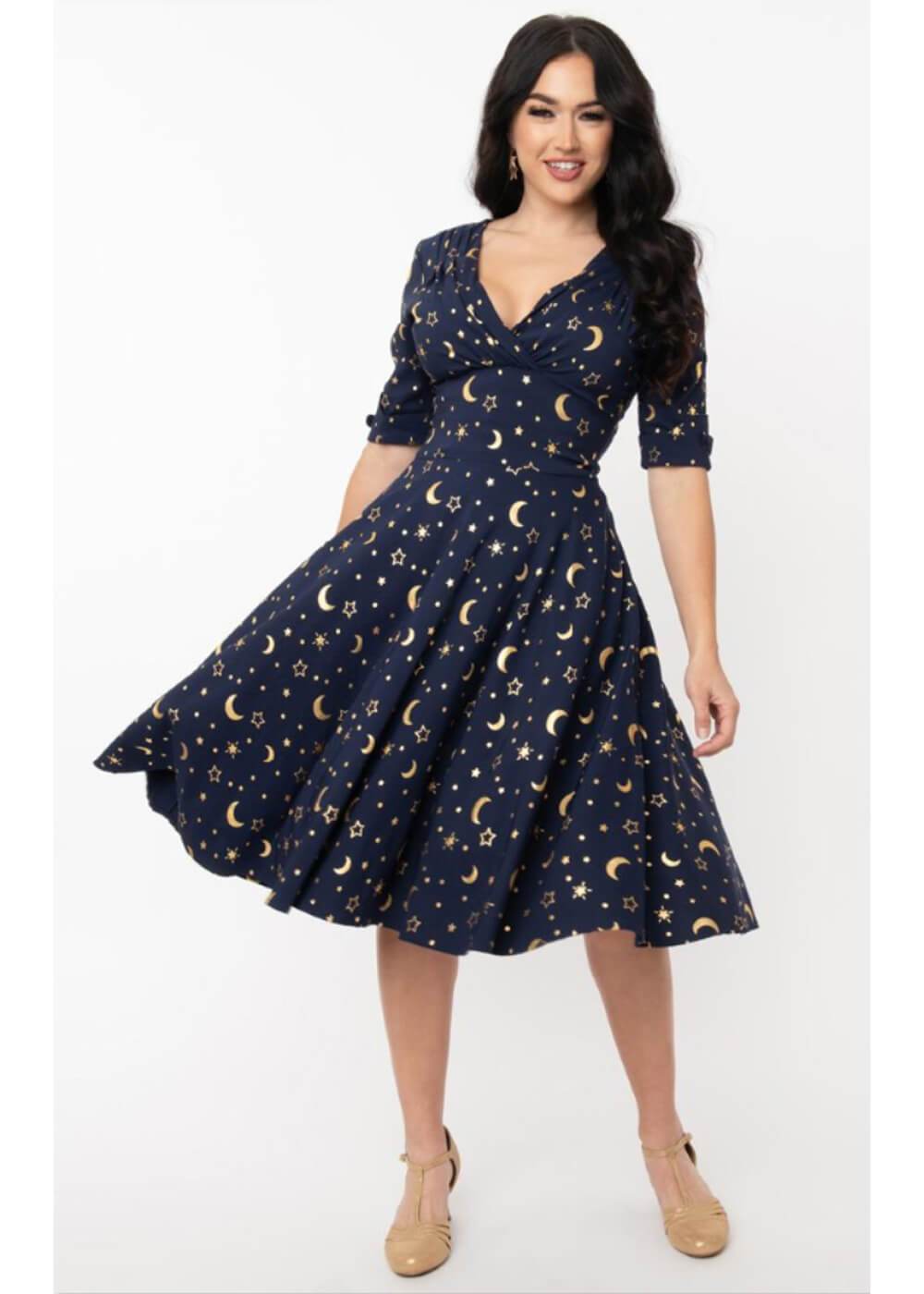 Navy and Gold Moon and Star Print Delores Swing Dress Pink House Boutique Navy and Gold Moon and Star Print Delores Swing Dress Pink House Boutique